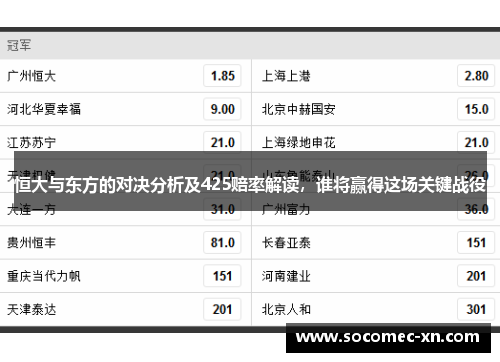 恒大与东方的对决分析及425赔率解读，谁将赢得这场关键战役